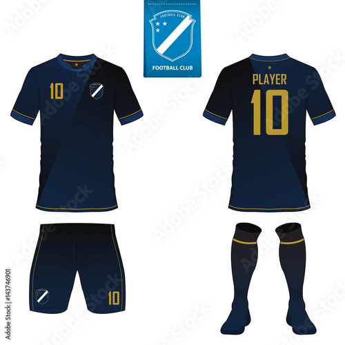 Set of soccer kit or football jersey template for football club. Flat football logo on blue label. Front and back view soccer uniform. Football shirt mock up. Vector Illustration.