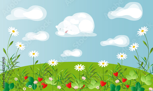 Card with a summer theme. The field of daisies and wild strawberries.