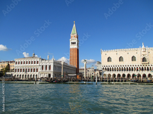 The Doge’s Palace and the Bell Tower Campanile as seen from Grand Canal of Venice, Italy 