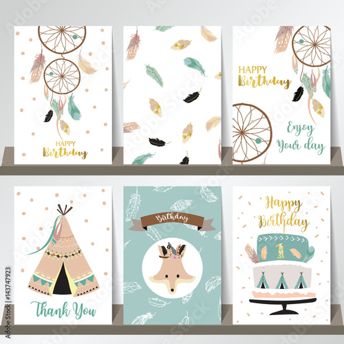 Card template collection for banners,Flyers,Placards with feather,fox,cake,tent india and arrow in boho style