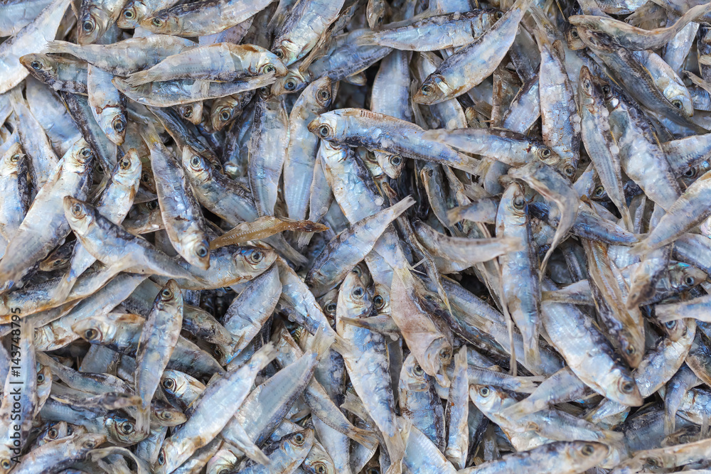 Sri Lanka Street Fish Market. Baskets with dry fish of the Indian Ocean