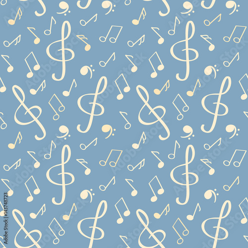 Seamless pattern with notes, treble clef, stave. Musical background.
