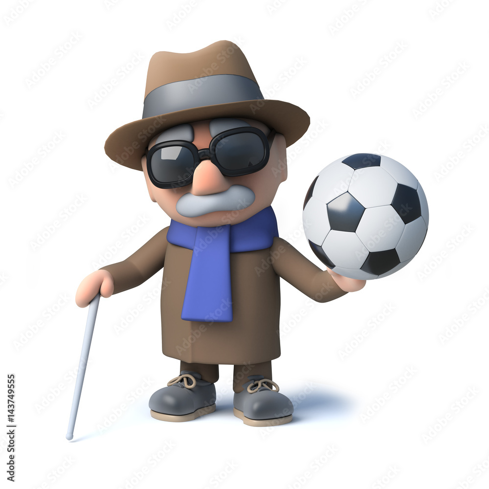 3d Funny cartoon old blind man character holding a football Stock  Illustration | Adobe Stock