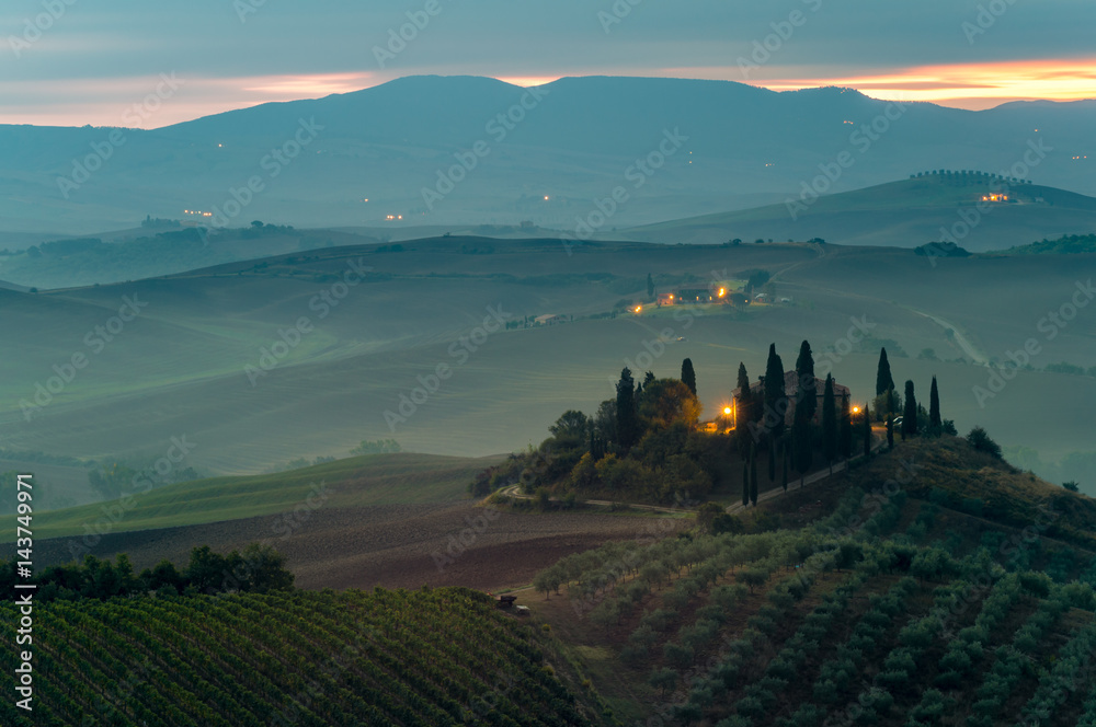 Cloudy and misty morning in the Tuscan Val d'Orcia Valley, Italy