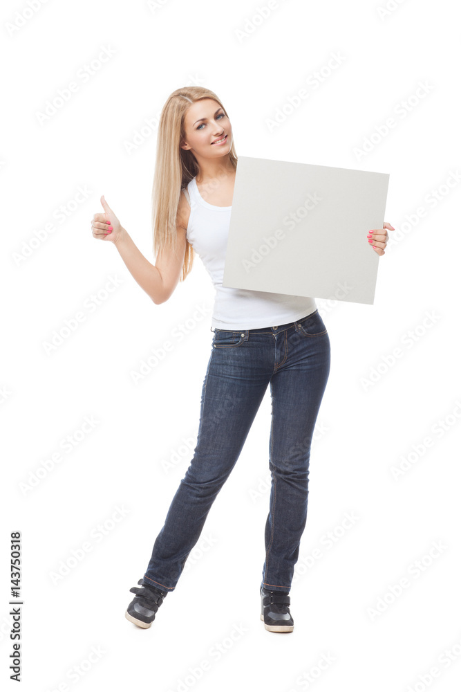 Beautiful blond girl holding blank poster Beautiful blond girl holding blank poster
