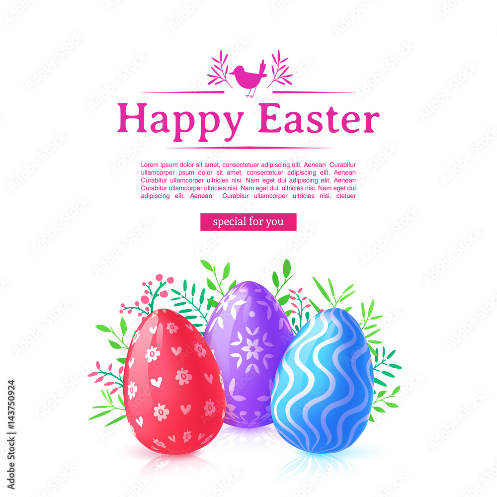 Design template banner for Happy Easter. Poster decoration colored egg and flower. Square card with logo for happy easter offer with silhouettes of chick. Vector