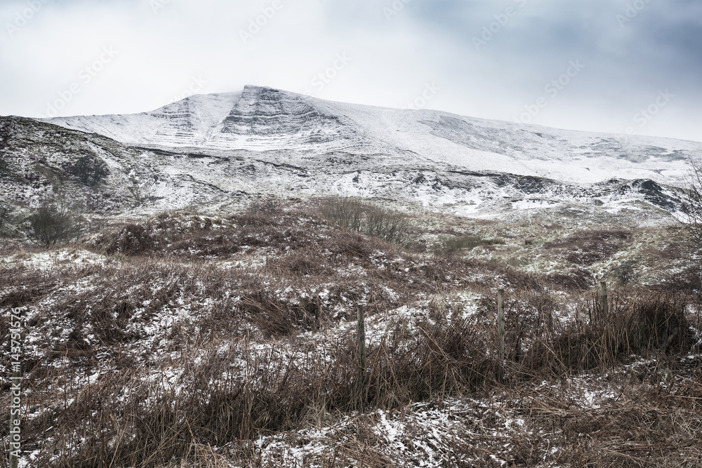 Beautiful Winter landscape image around Mam Tor countryside in Peak District England