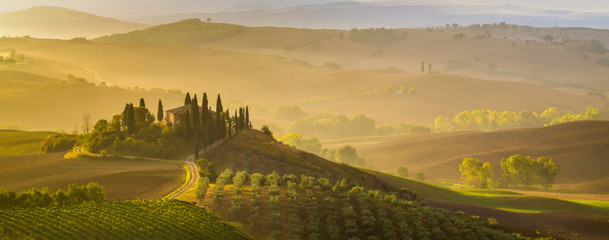 Foto auf Leinwand Küche Märchenhafter, nebliger Morgen im malerischsten Teil der Toskana, Val de Orcia Täler  © Mike Mareen