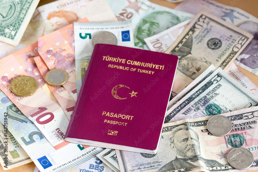 Turkish passport on euros, dollars and turkish money Turkish passport on euros, dollars and turkish money
