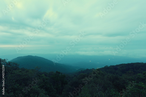 Fog and mountains.