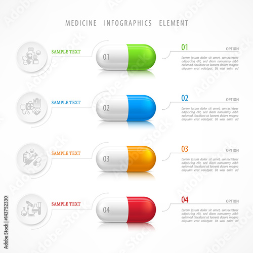 Medical pill infographic with medicine template icons and text