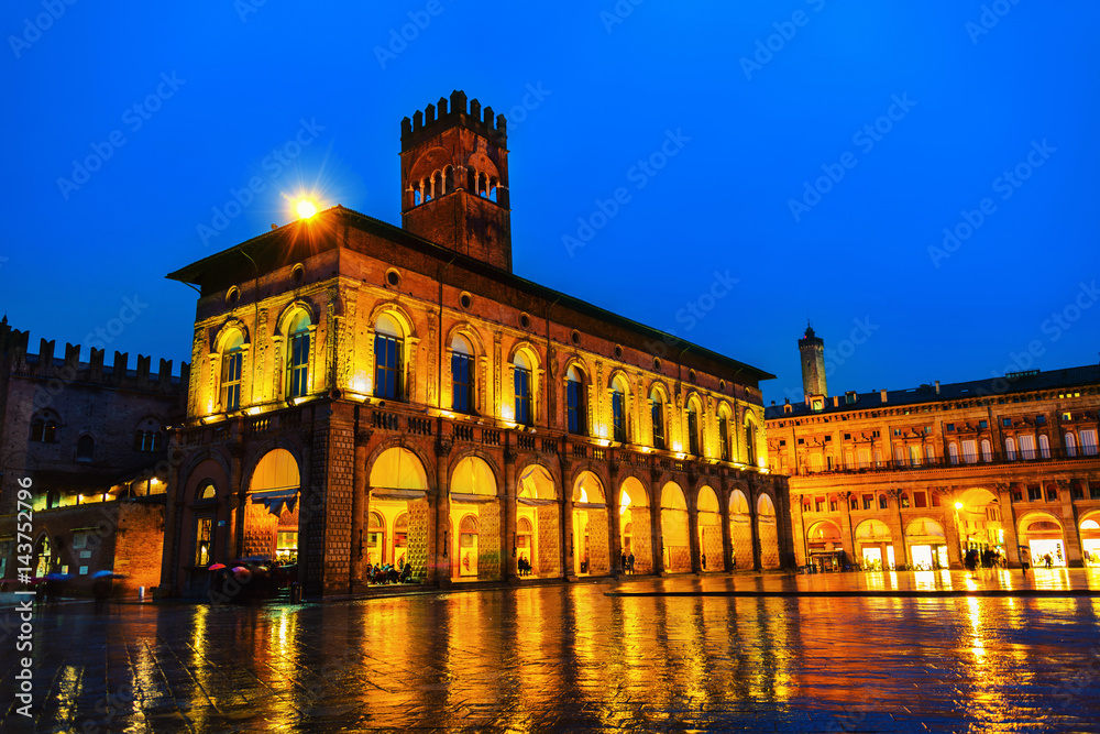 Bologna, Italy. King Enzo palace at the main square at night