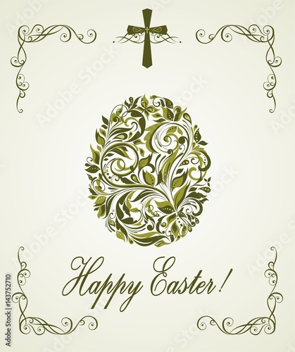 Easter greeting card with vintage floral olive egg shape