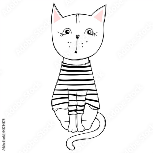 Vector funny cat with crown. Cute kitten hand drawn illustration. Stylish cartoon animals. Doodle comic character.
