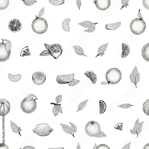 Seamless pattern of hand drawn oranges and slices in sketch style. Vector illustration