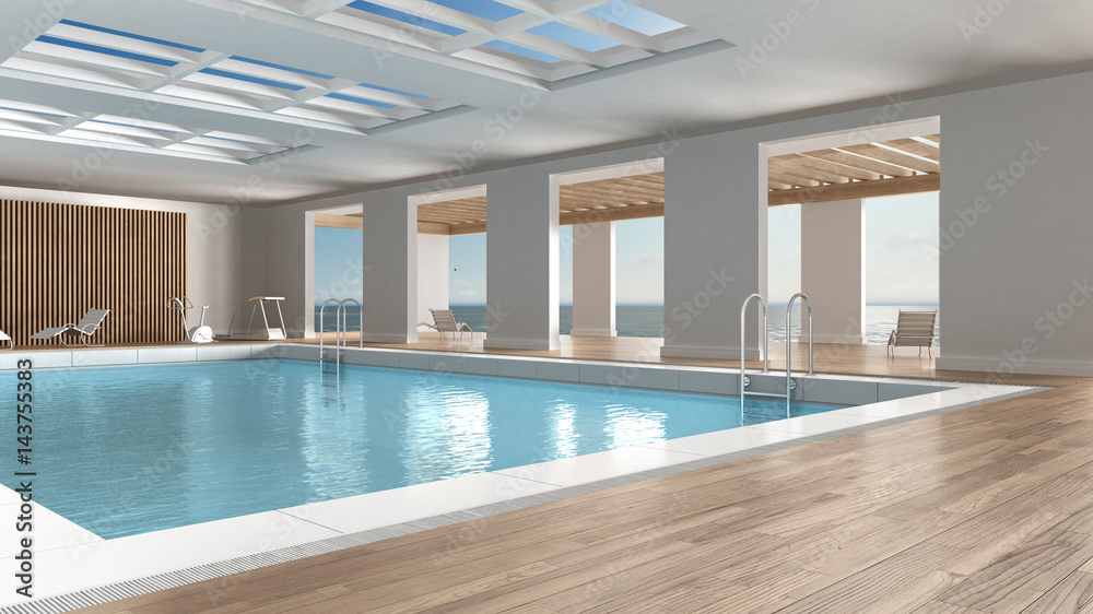 Swimming pool interior design, indoors with big panoramic windows and ...