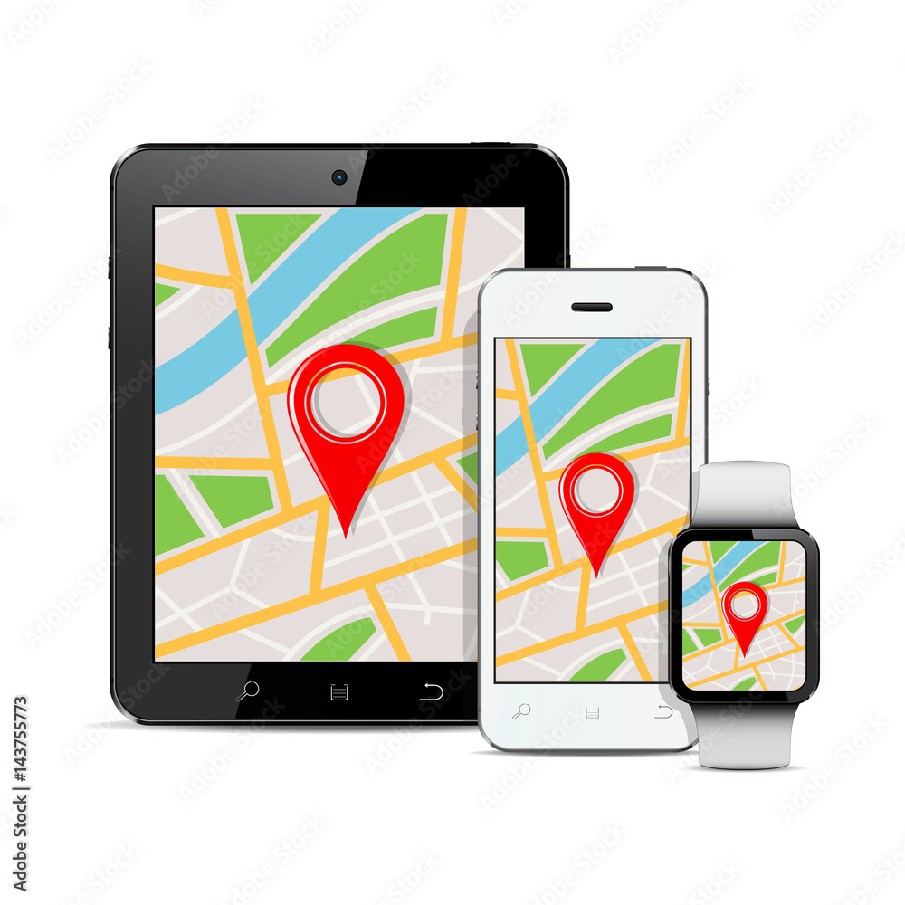 Tablet, mobile phone and smart watch with gps map on screen Tablet, mobile phone and smart watch with gps map on screen