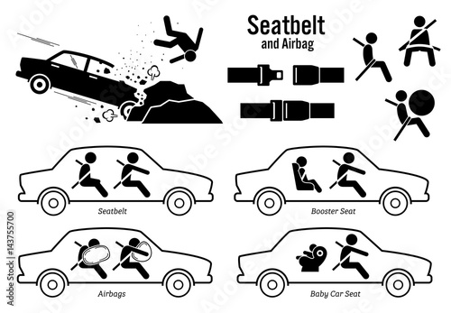 Car Seat Belt and Airbag. Artworks depict car crash accident, buckle seatbelt, airbags, booster seat for child, and baby car seat.