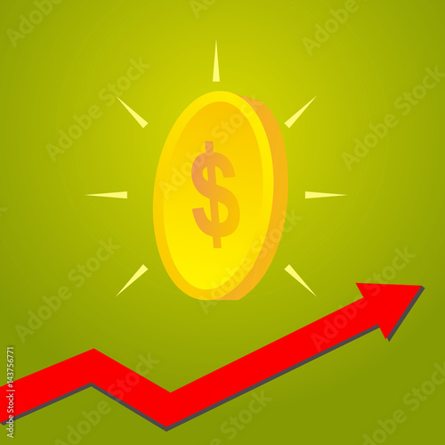 Coin with graph arrow up, Growth of financial and economic concept. Vector illustration.