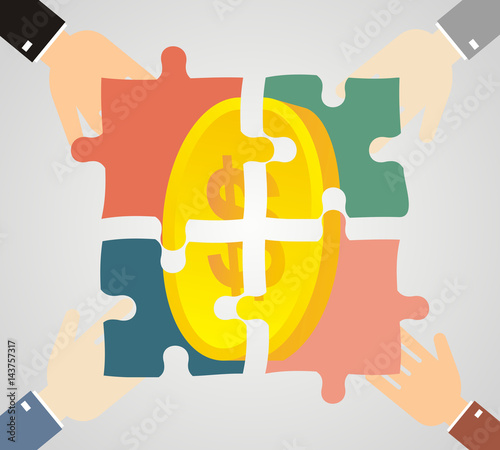 Profit from the partnerships. Human hands holding pieces of a puzzle with the coin. Stock vector illustration.