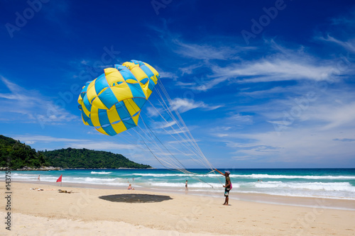 Kata Noi Beach, Phuket, Thailand - July 16, 2016: Parasailing at kata noi beach in Phuket..