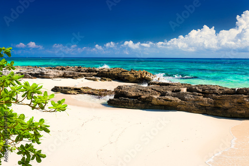 Obraz na płótnie Paradise nature, sand, sea water, rocks, green leaves and summer on the tropical beach. Photo from Playa Del Carmen, Riviera Maya, Yucatan, Mexico. w salonie