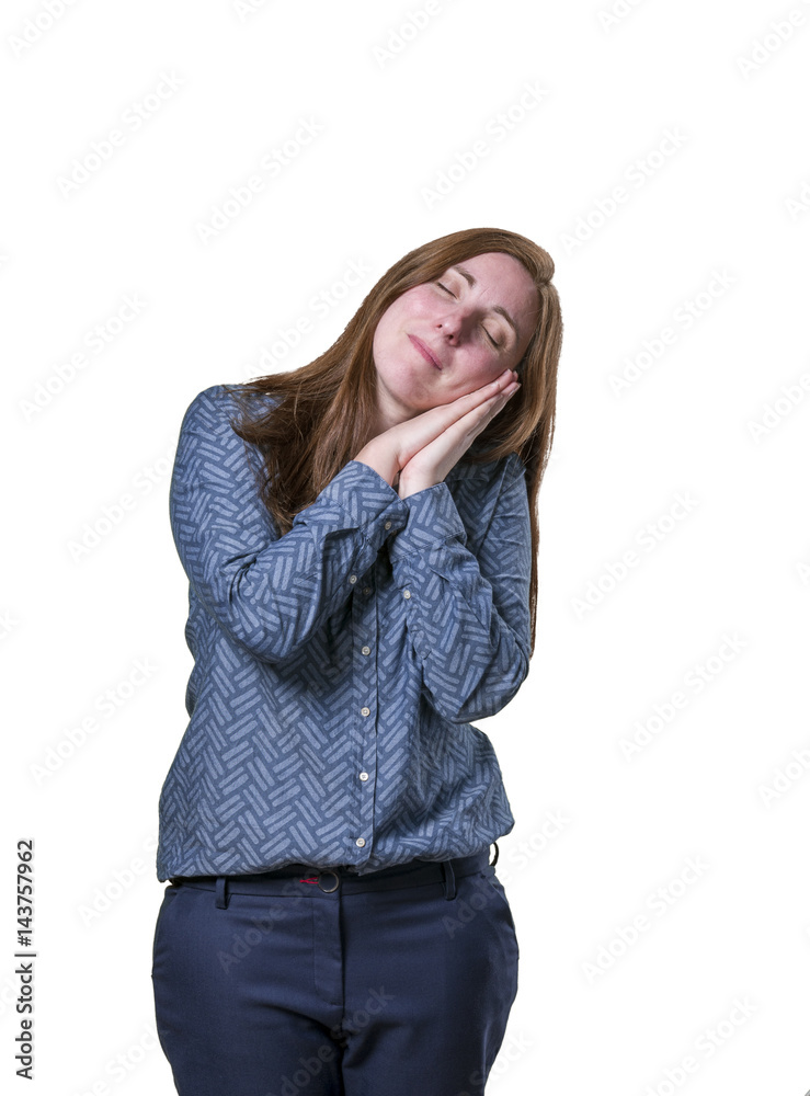 Pretty business woman making sleeping gesture over white background.. Pretty business woman making sleeping gesture over white background..