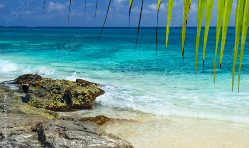 Obraz na płótnie Paradise nature, sand, sea water, rocks and summer on the tropical beach. Photo from Playa Del Carmen, Riviera Maya, Mexico. w salonie