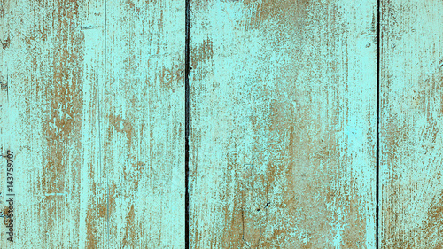 Obraz na płótnie Old wooden wall painted in turquoise color, detailed background photo texture. Wood plank fence close up. w salonie