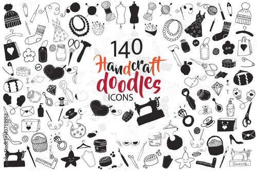 Big set of hand drawn handcraft doodles. Vector hand drawn illustration black and white.  Design elements for cards, flyers