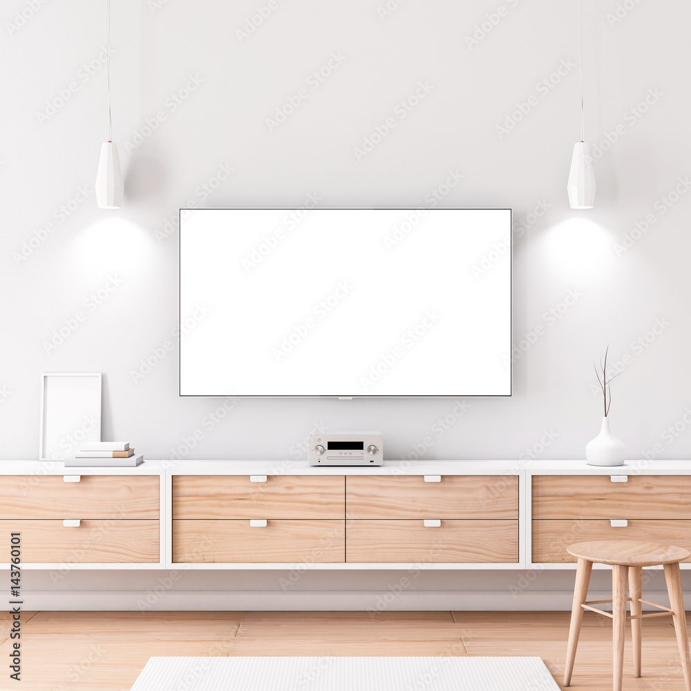 Smart Tv Mockup with white screen hanging on the white wall in modern living room. 3d rendering Smart Tv Mockup with white screen hanging on the white wall in modern living room. 3d rendering