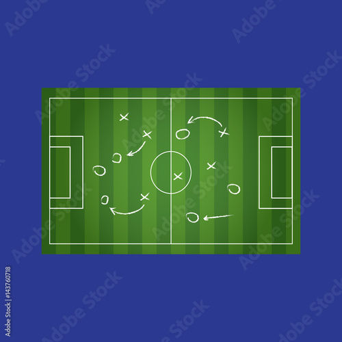 Realistic blackboard drawing a soccer or football game strategy. Vector illustration.