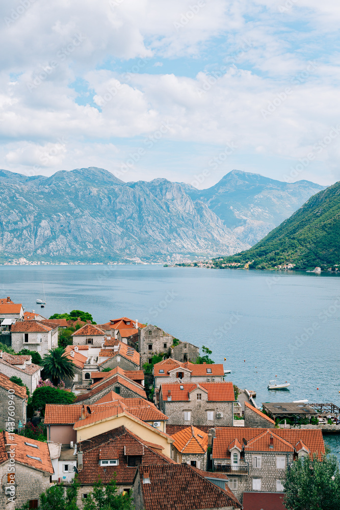 Perast view from the tower. Photos from the height, from the chapel of the church. Kotor Bay, Montenegro.