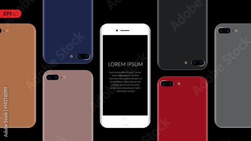 Smartphone, mobile, phone mockup composition isolated on black background with blank screen. Front and black view realistic vector illustration phones for printing and web element.