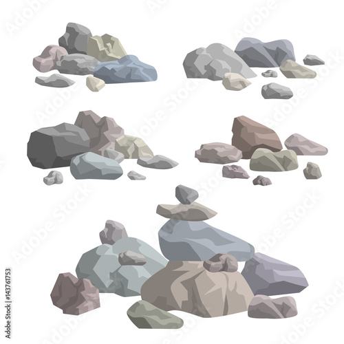 piles of stones and rocks on white background