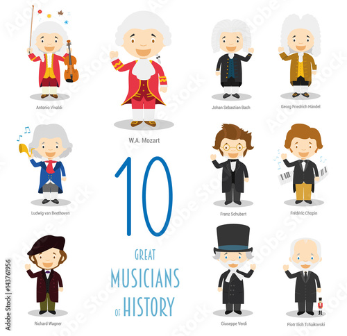 Kids Vector Characters Collection: Set of 10 Great Musicians of History in cartoon style.