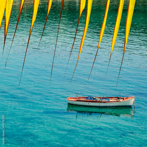 Obraz na płótnie Yellow palm leaves, boat and clear sea water. Sea abstract background. Travel concept. w salonie