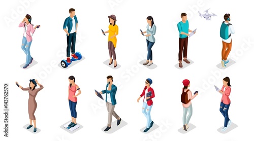 Trendy Isometric people and gadgets  teenagers  young people  students  using hi tech technology  mobile phones  pad  laptops  make selfie  smart watches are isolated