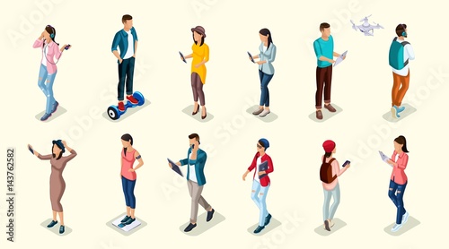 Trendy Isometric people and gadgets, teenagers, young people, students, using hi tech technology, mobile phones, pad, laptops, make selfie, smart watches © elizaliv