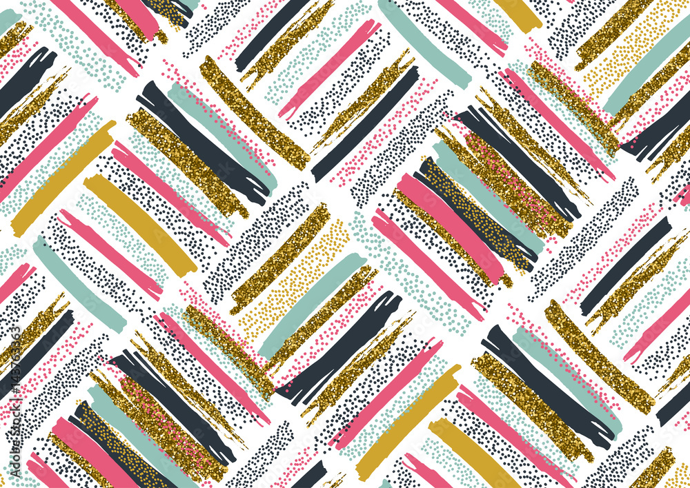 Vector seamless pattern with hand drawn gold glitter textured brush strokes