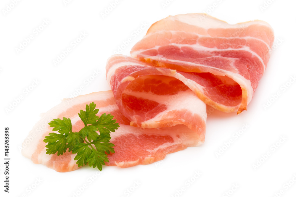 Bacon isolated on white background. Delikatese food. Bacon isolated on white background. Delikatese food.