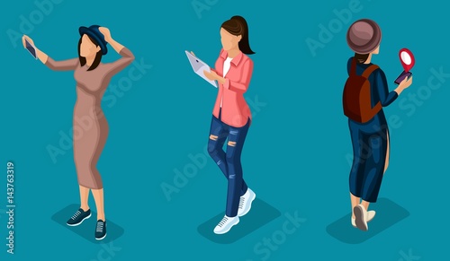 Trendy Isometric people and gadgets  teenagers  young girls  students  using hi tech technology  stylish clothes  smart phone  laptop  pad  navigator isolated