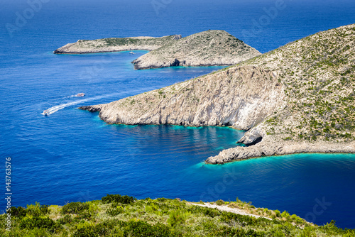 Obraz na płótnie Boats in the blue lagoon of Porto Vromi Bay, Zakynthos Island, Greece. Overview. w salonie