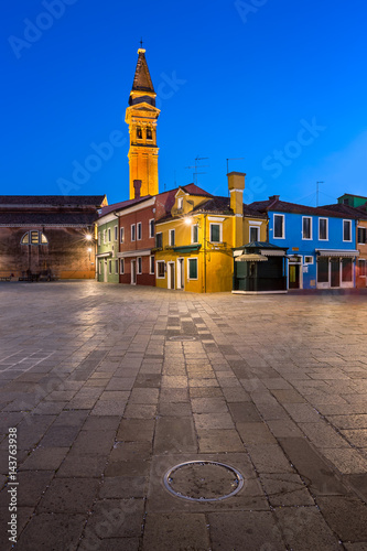 Chiesa di San Martino and Colorful Burano Houses in the Evening, Burano, Veneto, Italy photo