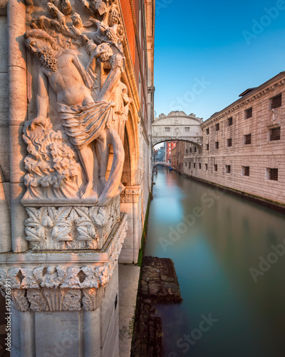 Drunkenness of Noah Sculpture and Bridge of Sighs at Sunrise, Venice, Italy