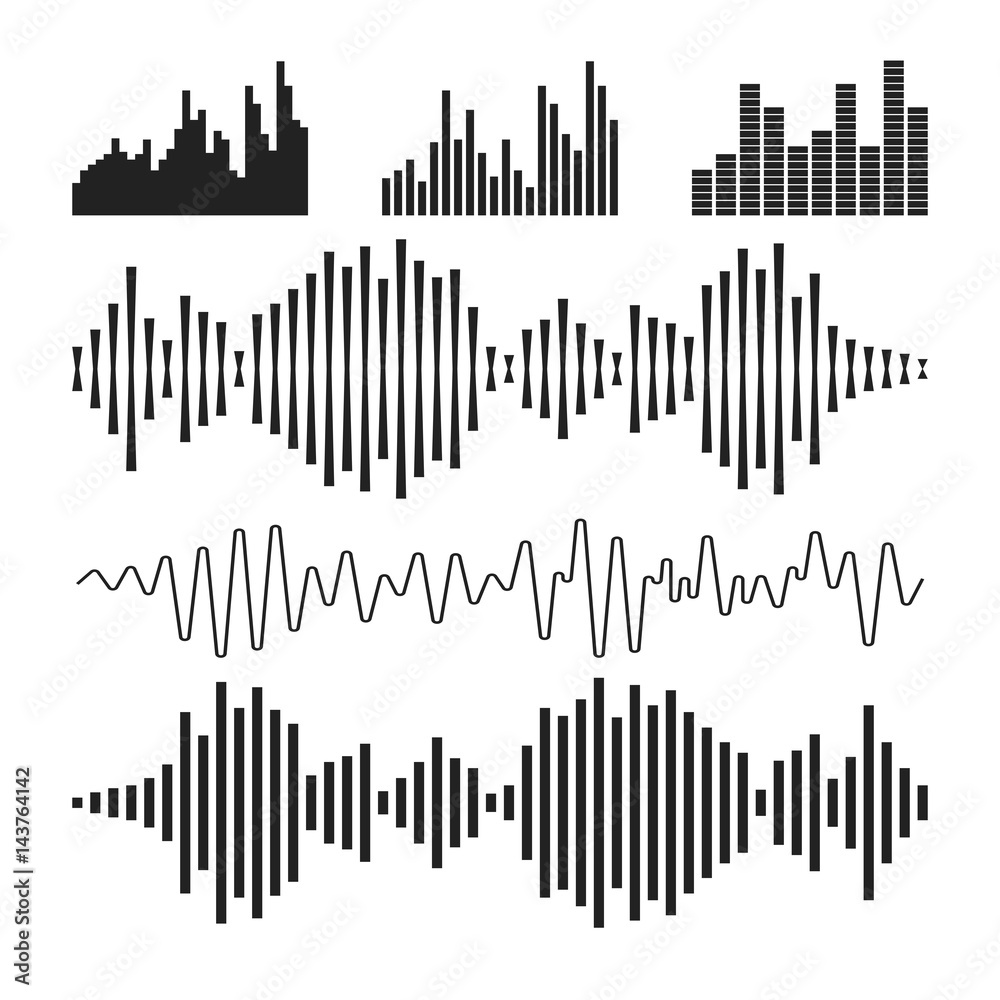 Vector sound waveforms icon. Sound waves and musical pulse vector illustration on white background.