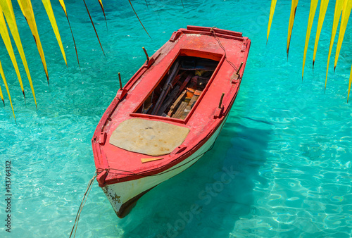 Obraz na płótnie Small red fishing boat, clear sea water and yellow palm leaves on tropical sea abstract background. Marine landscape. w salonie
