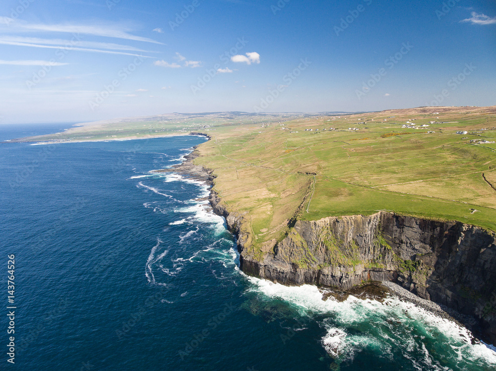 Aerial Ireland countryside tourist attraction in County Clare. The Cliffs of Moher and Burren Ireland. Epic Irish Landscape Seascape along the wild atlantic way. Beautiful scenic nature Ireland