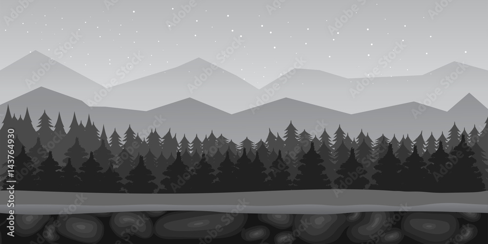 Black and White Cartoon forest game background landscape. Vector  illustration. Stock Vector | Adobe Stock