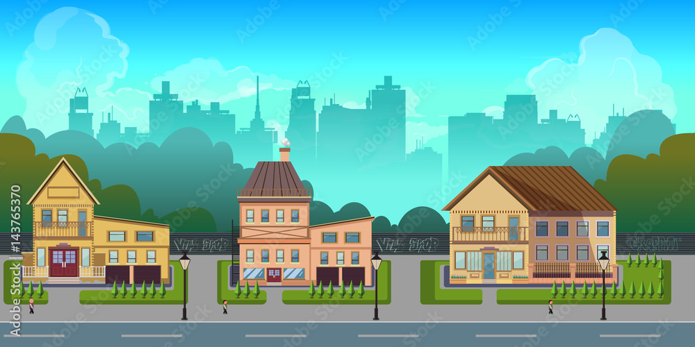 Seamless cartoon city landscape, vector unending background with road, buildings and sky layers